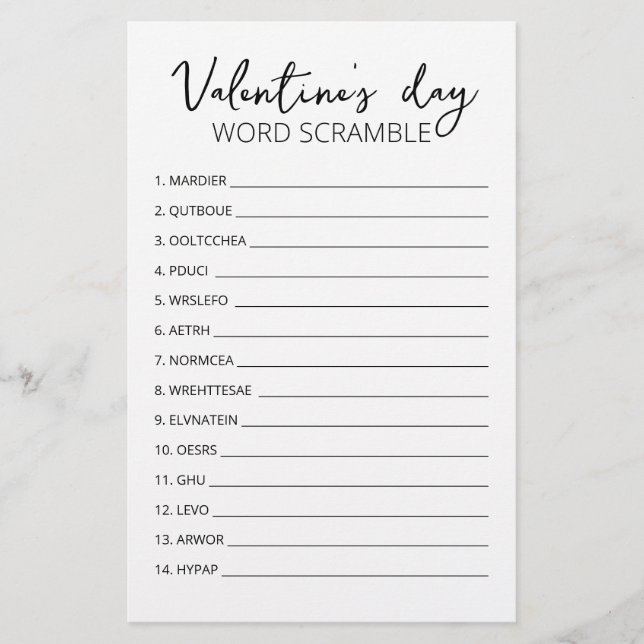 Valentine's day Word Scramble Game party game (Front)