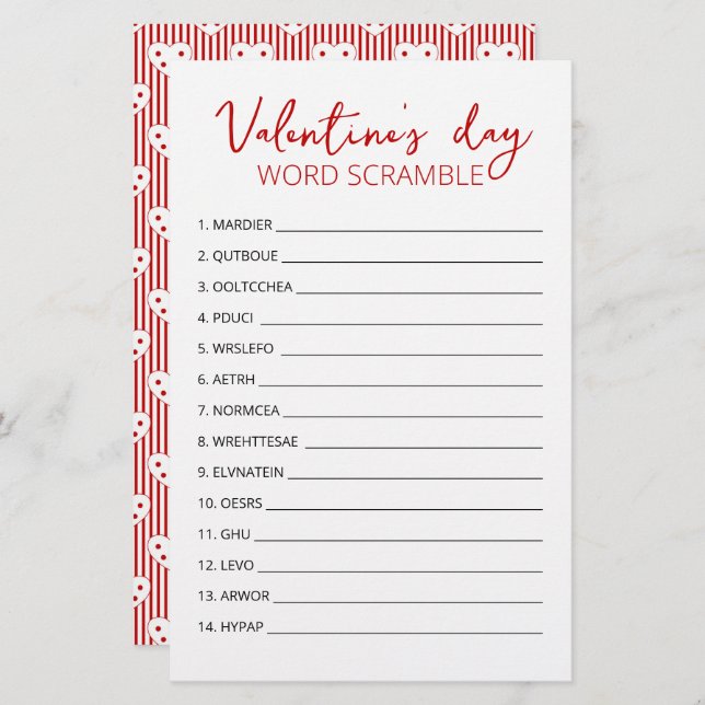 Valentine's day Word Scramble Game party game (Front/Back)