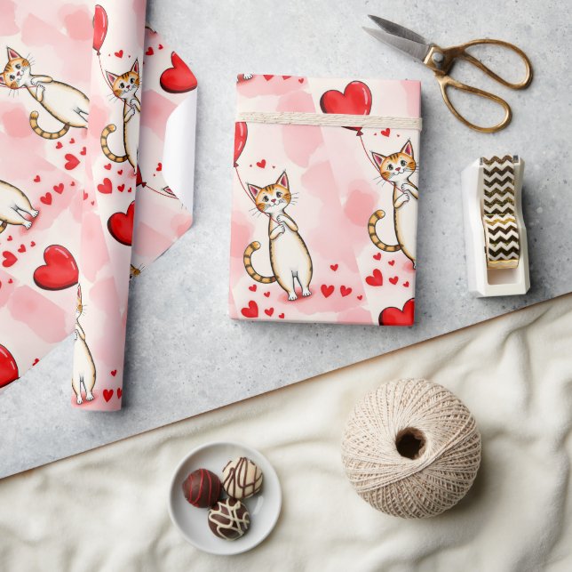 Valentine's Day Wrapping Paper Cat Red Hearts (Crafts)