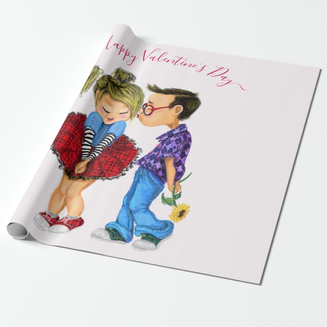 Valentine's Day Wrapping Paper Cute Couple (Unrolled)