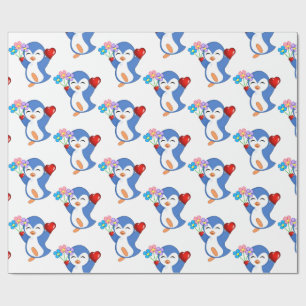 Valentine's Day Wrapping Paper Penguin Hearts