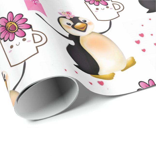 Valentine's Day Wrapping Paper Penguin Hearts (Roll Corner)