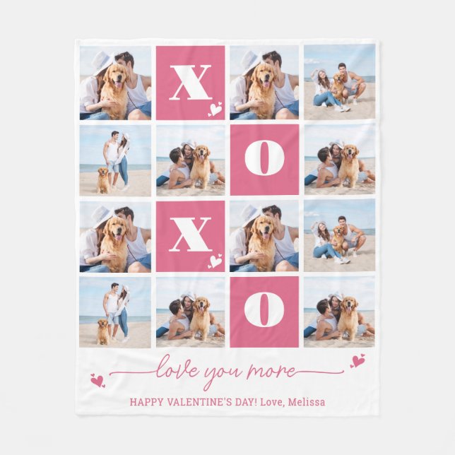 Valentines Day XOXO Modern Pink 4 Photo Collage Fleece Blanket (Front)
