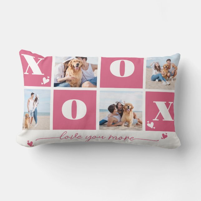 Valentines Day XOXO Modern Pink 4 Photo Collage Lumbar Cushion (Front)