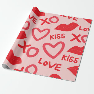 Valentines Day XOXO with Red Hearts and Lips Wrapping Paper