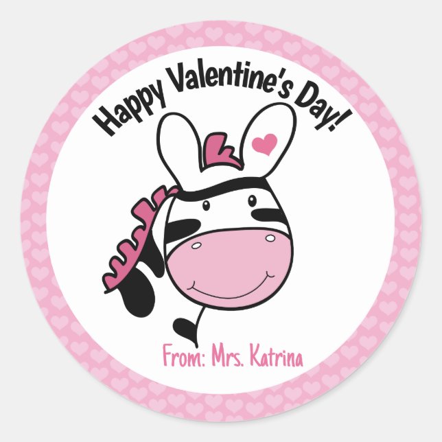 Valentine's Day Zebra Cute Pink Hearts Classic Round Sticker (Front)