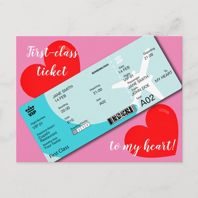 Valentine's Dinner Invitation Boarding Pass Postcard (Front)