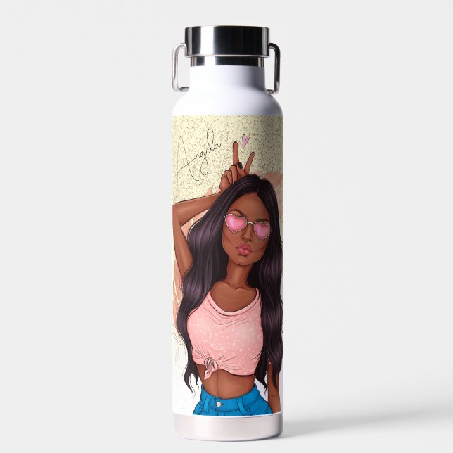 Valentines Faux Glitter Girl Tan Black Hair Water Bottle (Front)