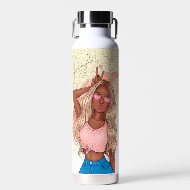 Valentines Faux Glitter Girl Tan Wavy Hair   Water Bottle (Front)