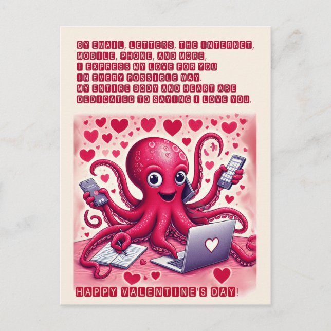 Valentines. Funny octopus in love Postcard (Front)