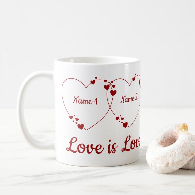 Valentine's Gift Two Hearts Two Names Coffee Mug (With Donut)