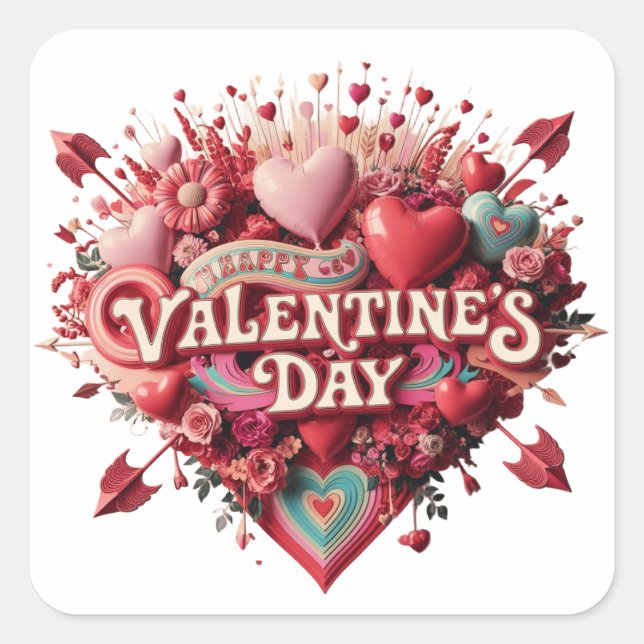 Valentine's groovy day, retro clipart square sticker (Front)