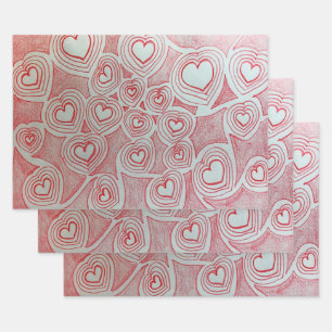  Valentines Hand-drawn Red Hearts Doodle Pattern Wrapping Paper Sheet