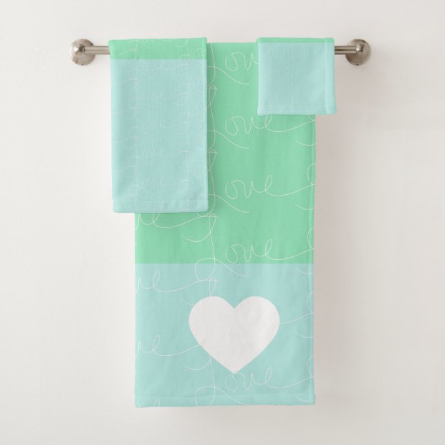 Valentines Heart Hand-Drawn Love Blue Green Bath Towel Set (Insitu)