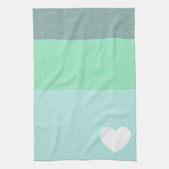 Valentines Heart Hand-Drawn Love Blue Green Tea Towel (Vertical)