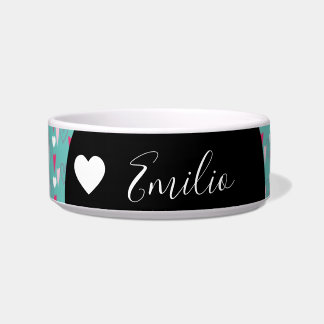Valentines Heart Love Teal Script Name Pet  Bowl