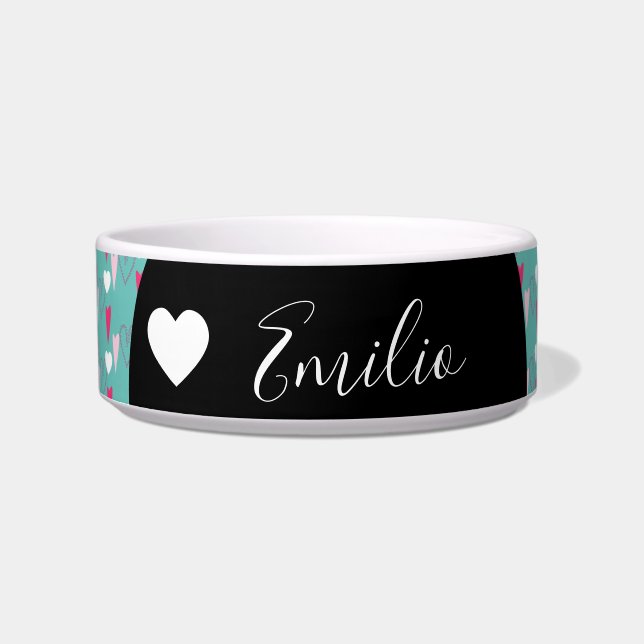 Valentines Heart Love Teal Script Name Pet  Bowl (Front)