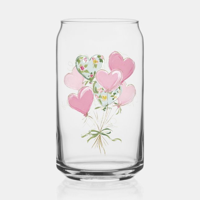 Valentine's Heart Pink and Green Heart Balloons Can Glass (Front)