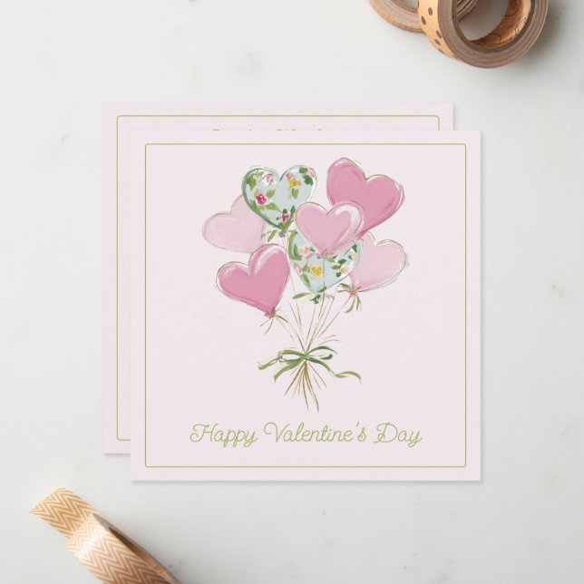 Valentine's Heart Pink and Green Heart Balloons Card (Front/Back In Situ)