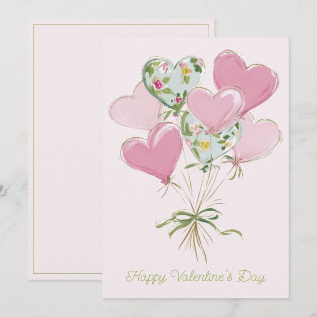 Valentine's Heart Pink and Green Heart Balloons Card (Front/Back)