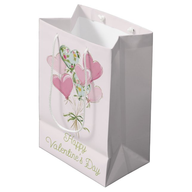 Valentine's Heart Pink and Green Heart Balloons Medium Gift Bag (Front Angled)
