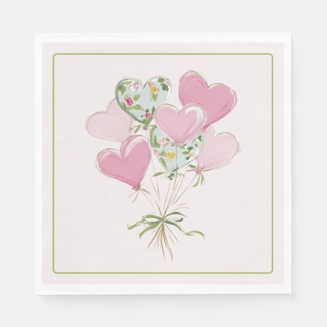 Valentine's Heart Pink and Green Heart Balloons Napkin (Front)