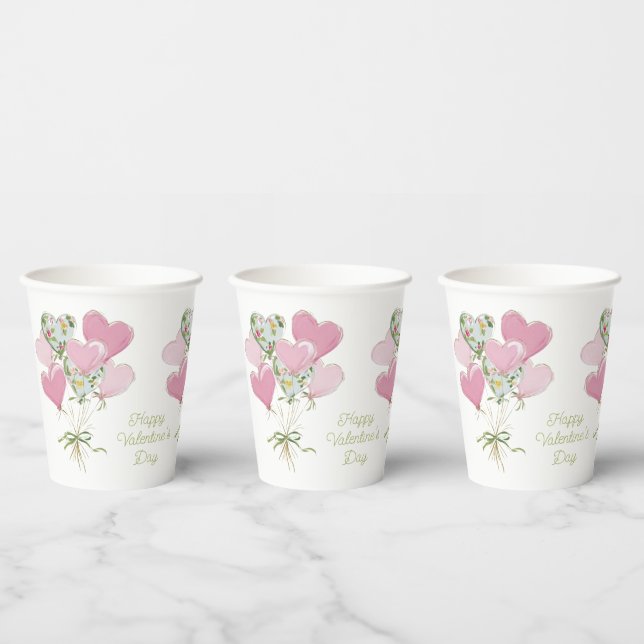 Valentine's Heart Pink and Green Heart Balloons Paper Cups (Multi)