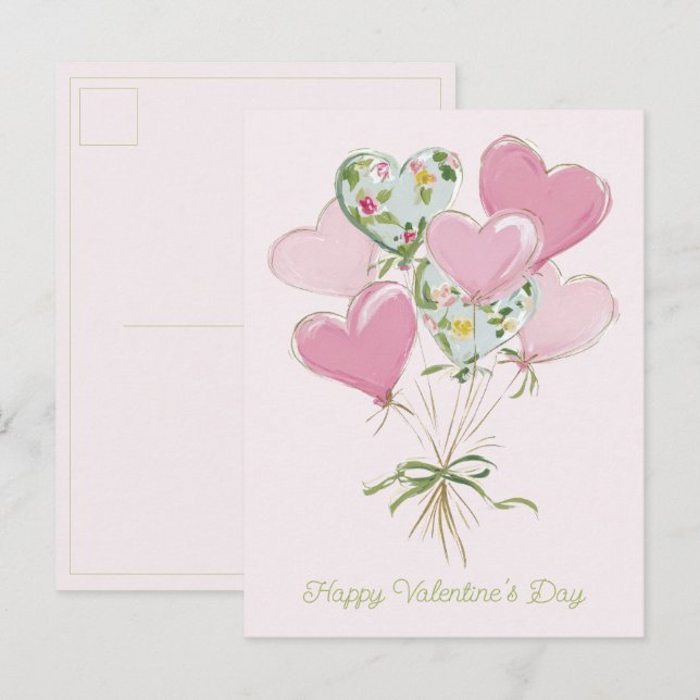 Valentine's Heart Pink and Green Heart Balloons Postcard (Front/Back)