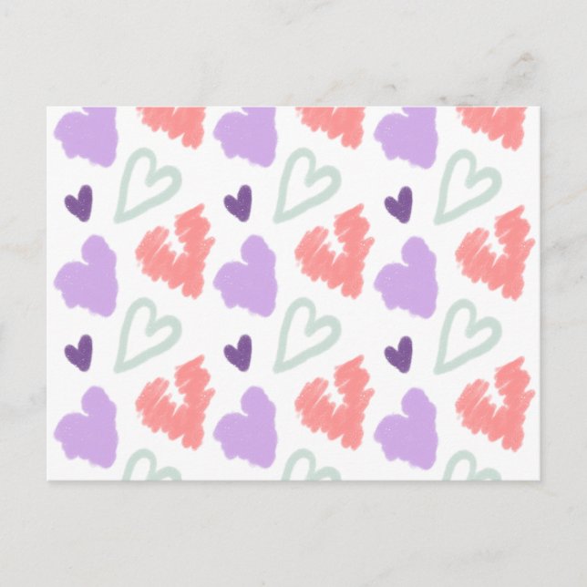 Valentines Heart Purple Pink Hand Drawn Pattern  Postcard (Front)