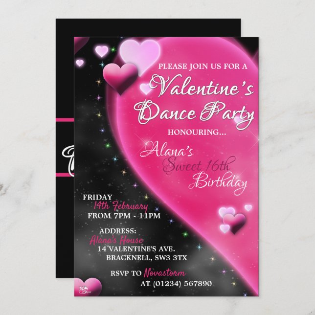 Valentine's Heart Sweet 16 Dance Party Invitations (Front/Back)