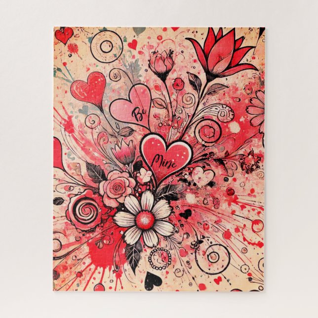 Valentines Hearts / Daisy / Splatter Art / Sangria Jigsaw Puzzle (Vertical)
