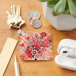 Valentines Hearts / Daisy / Splatter Art / Sangria Key Ring