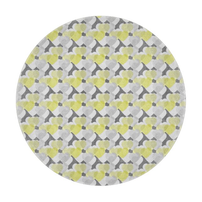 Valentine's Hearts Overlay Yellow and Grey Pattern Cutting Board (Front)