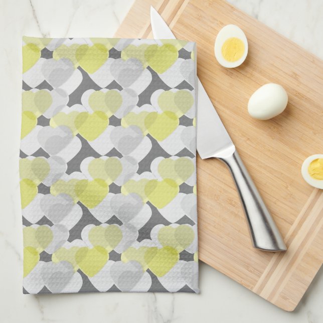 Valentine's Hearts Overlay Yellow and Grey Pattern Tea Towel (Quarter Fold)