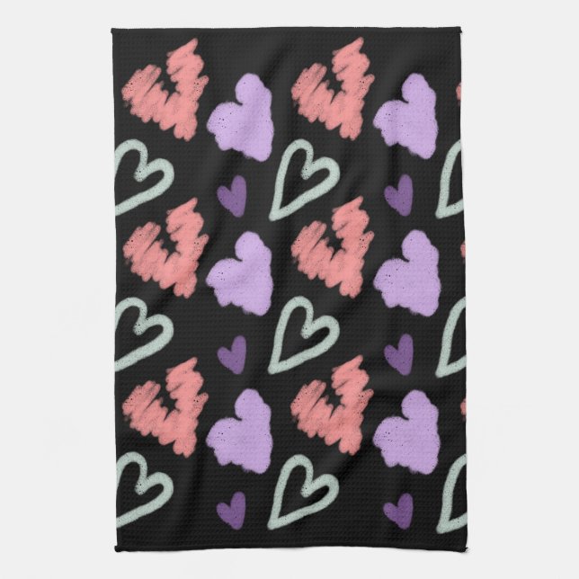 Valentines Hearts Purple Hand Drawn Pattern Tea Towel (Vertical)