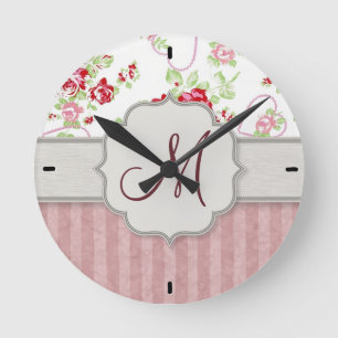 Valentines - Hearts, Roses and Stripes w Monogram Round Clock