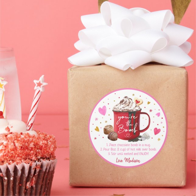 Valentine's Hot Chocolate Bomb Pink Gold Hearts Classic Round Sticker (Party)