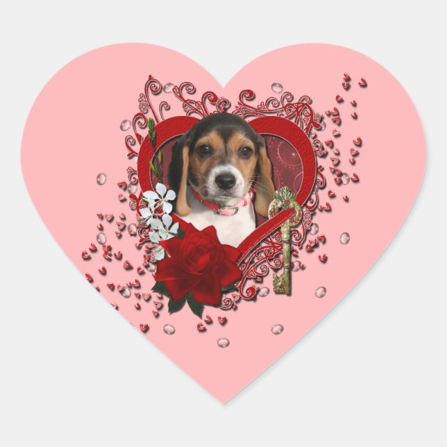 Valentines - Key to My Heart - Beagle Puppy Heart Sticker (Front)