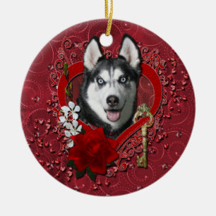 Valentines - Key to My Heart - Siberian Husky Ceramic Tree Decoration