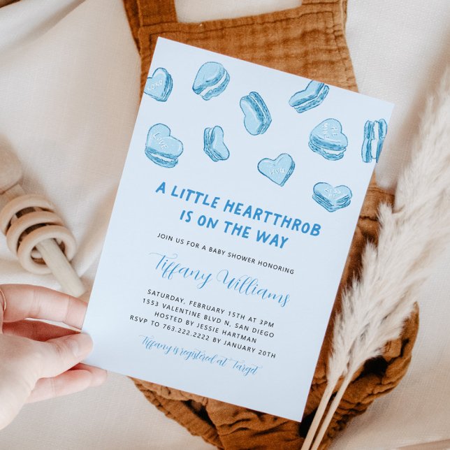 Valentine's Little Heartthrob Blue Baby Shower Invitation (Creator Uploaded)