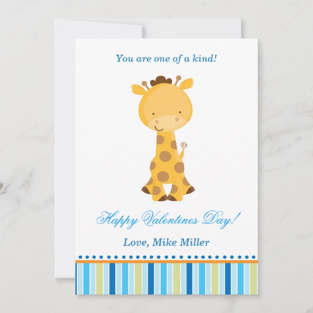 Valentines Love Day Kids Giraffe Blue Card (Front)