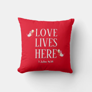 Valentines LOVE LIVES HERE Custom Text RED Cushion