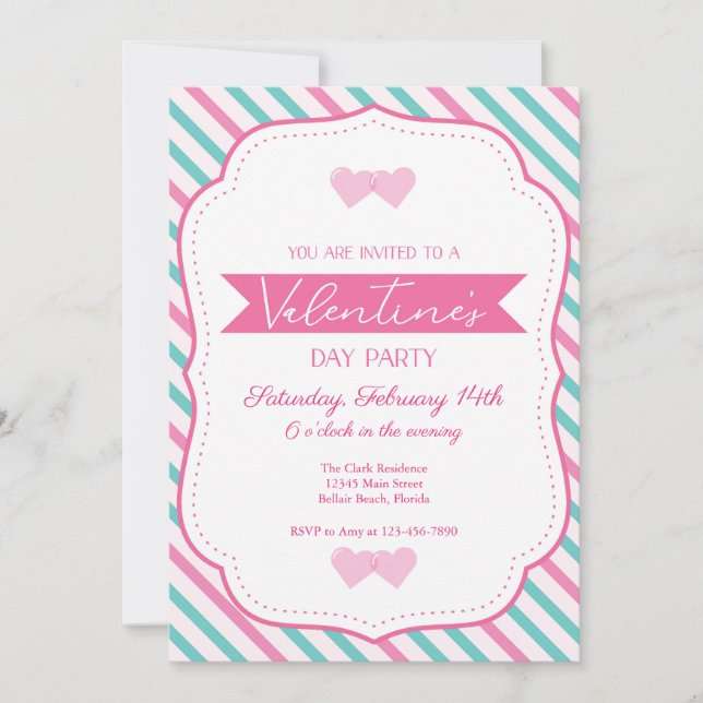 Valentine's Party Pink Teal Striped Frame Party Invitation (Front)