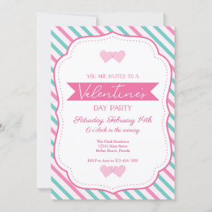 Valentine's Party Pink Teal Striped Frame Party Invitation