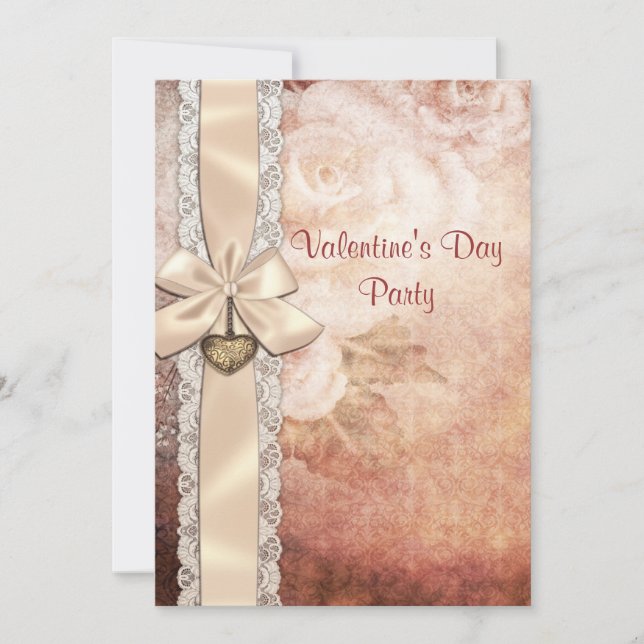 Valentine's Party Vintage Damask Roses & Bow Invitation (Front)
