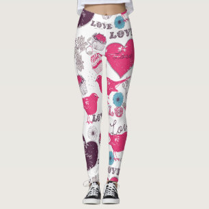Valentines Pattern Red Hearts & Birds Leggings