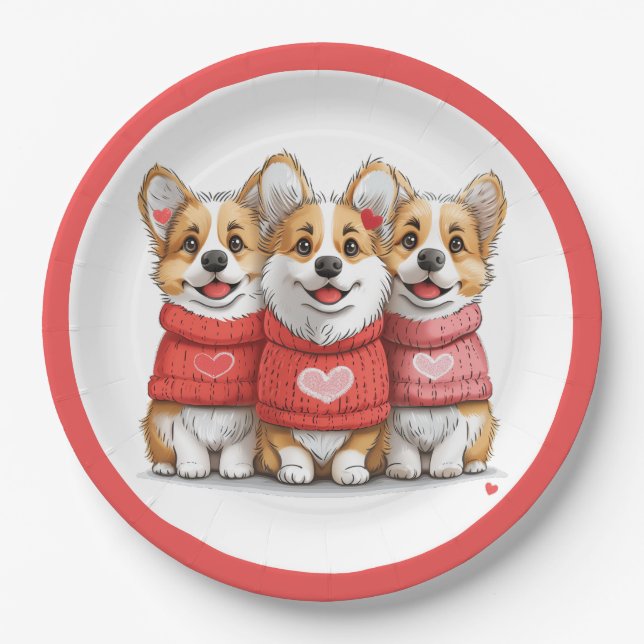 Valentines Pembroke Welsh Corgi Dogs Paper Plate (Front)