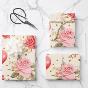 Valentine's Pink and Red Roses and Hearts Wrapping Paper Sheet
