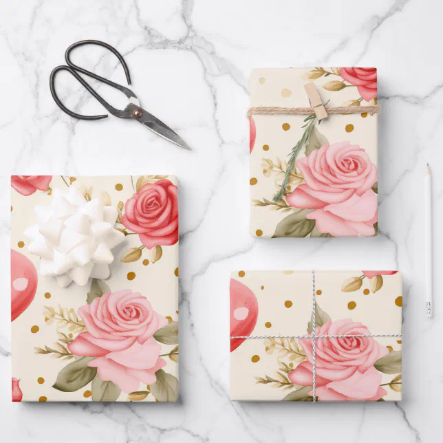 Valentine's Pink and Red Roses and Hearts Wrapping Paper Sheet | Zazzle