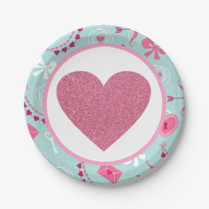 Valentines Pink Blue Glitter Heart Paper Plate
